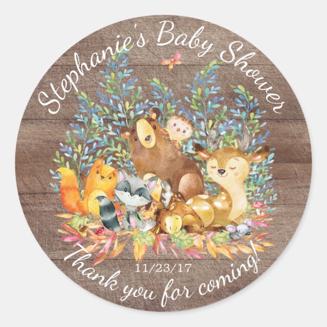 Woodland Animals Neutral Baby Shower Favour Sticke Classic Round Sticker (Front)