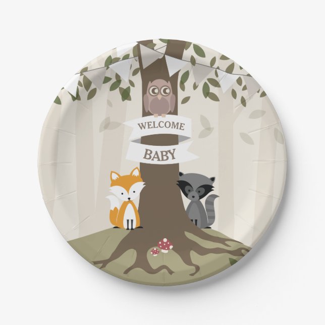 Woodland Animals Neutral Baby Shower Paper Plate (Front)