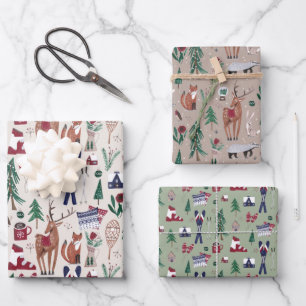 Woodland animals nordic ski Christmas pattern Wrapping Paper Sheet