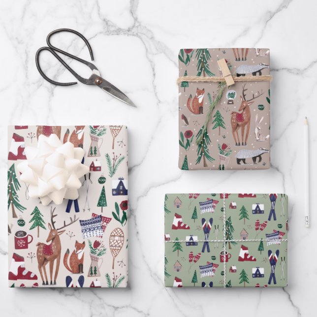 Woodland animals nordic ski Christmas pattern Wrapping Paper Sheet (Front)