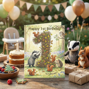 Woodland Animals Number 1   First Birthday Photo Card