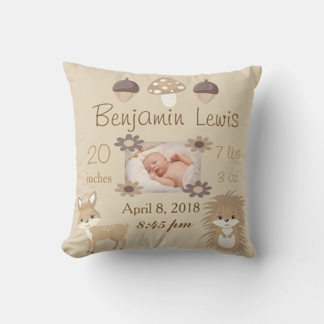 Woodland Animals Nursery Photo Baby Keepsake Throw Pillow (Front)