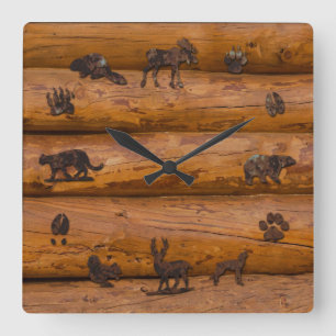Woodland Animals on Logs Square Wall Clock