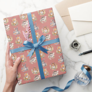 Woodland Animals on Seashell Pink Wrapping Paper