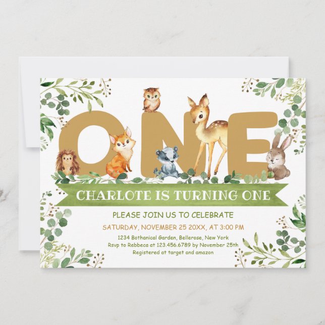 Woodland animals ONE greenery boy birthday Invitation (Front)