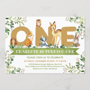Woodland animals ONE greenery boy birthday Invitation