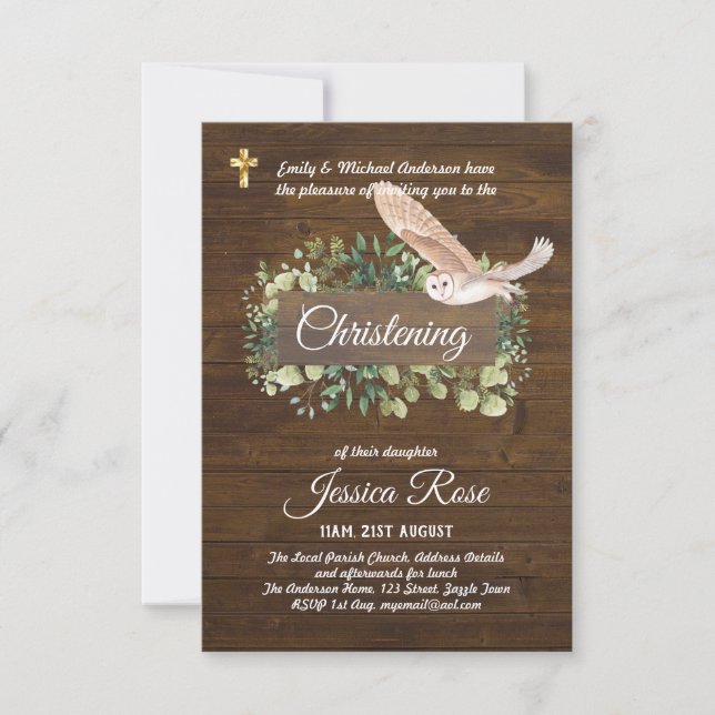 Woodland Animals Owl Christening Invite Baptism  (Front)