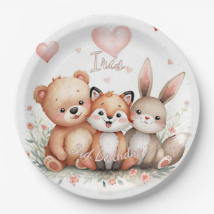 Woodland Animals Party Pastel Pink Hearts Floral Paper Plate