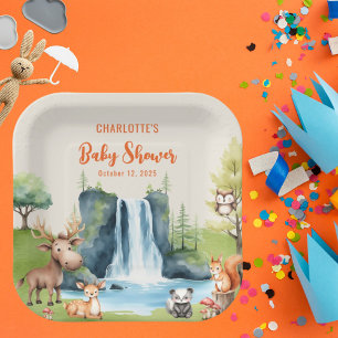 Woodland animals Personalized Orange Baby Shower Paper Plate