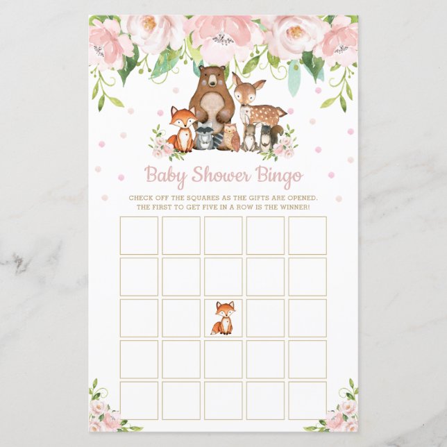 Woodland Animals Pin Floral Baby Shower Bingo Game (Front)