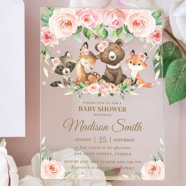 Woodland Animals Pink Blush Floral Baby Shower Acrylic Invitations (Creator Uploaded)