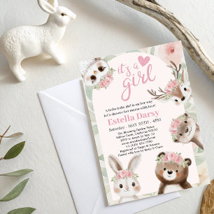 Woodland Animals Pink Boho Girl Baby Shower Invitation