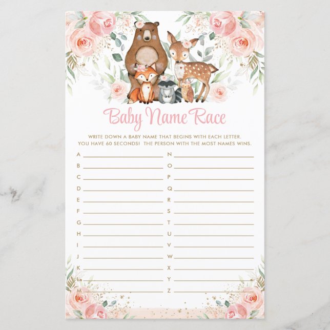 Woodland Animals Pink Floral Baby Name Race Game (Front)
