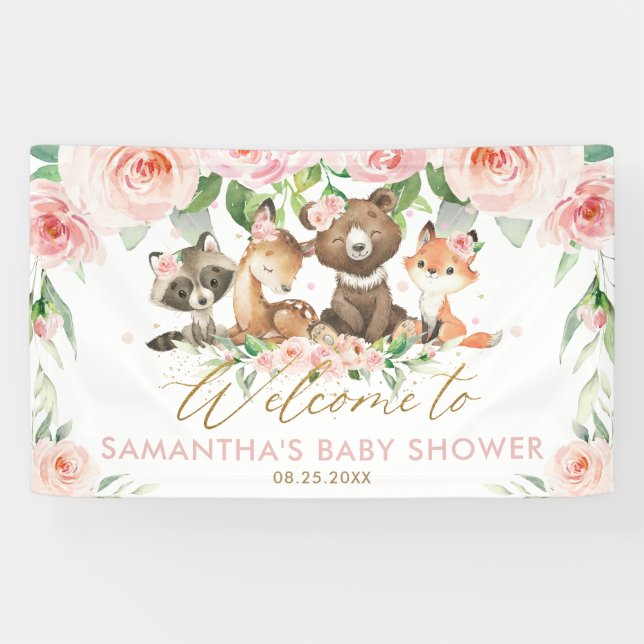Woodland Animals Pink Floral Baby Shower Backdrop  Banner (Horizontal)