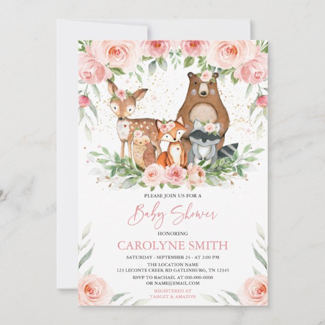 Woodland Animals Pink Floral Baby Shower Invitation (Front)
