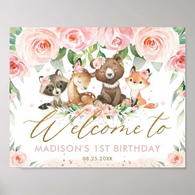 Woodland Animals Pink Floral Birthday Welcome  Poster (Front)