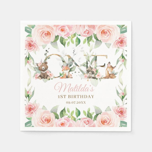 Woodland Animals Pink Floral Girl 1st Birthday  Napkin (Front)