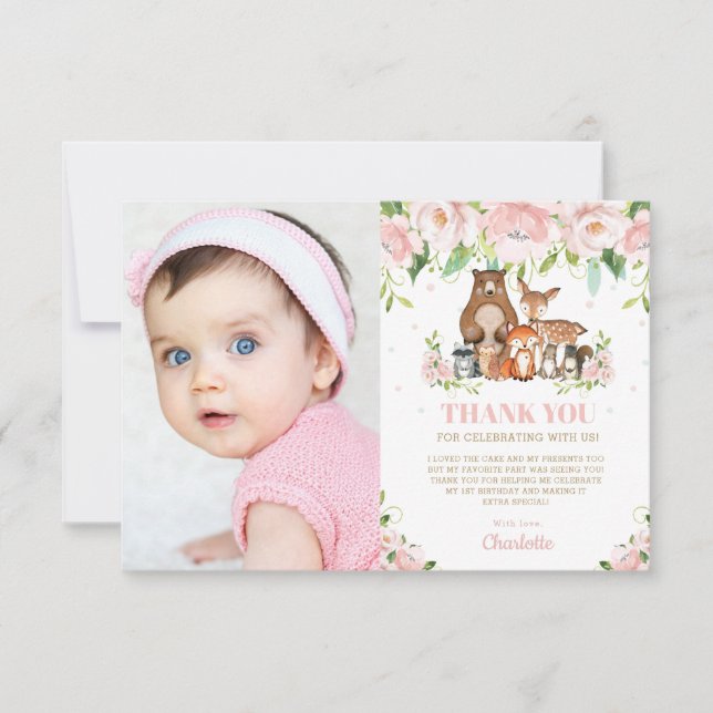 Woodland Animals Pink Floral Girl 1st Birthday Thank You Card (Front)