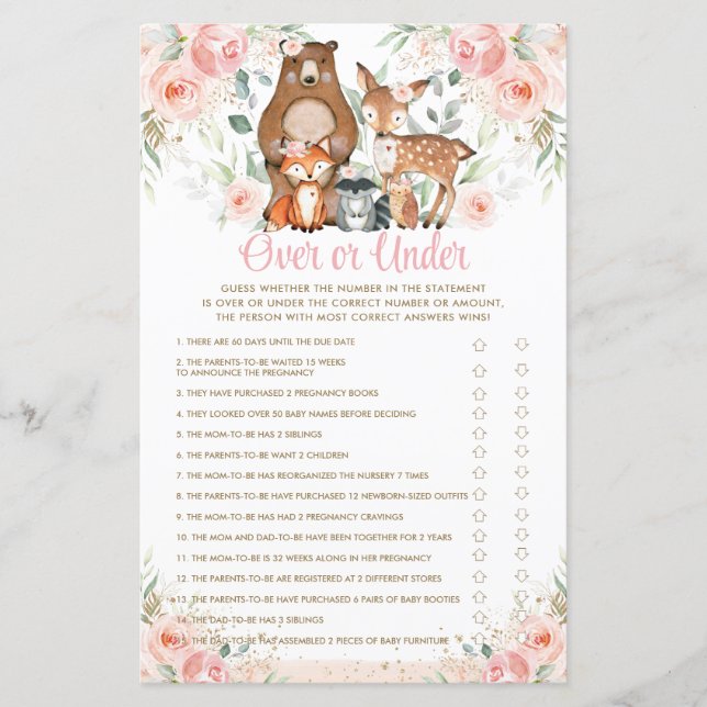 Woodland Animals Pink Floral Over or Under Game  (Front)