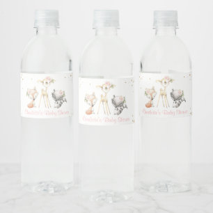 Woodland Animals, Pink Flowers, Baby Shower Water Bottle Label