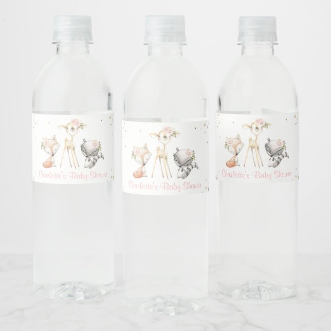 Woodland Animals, Pink Flowers, Baby Shower Water Bottle Label (Bottles)