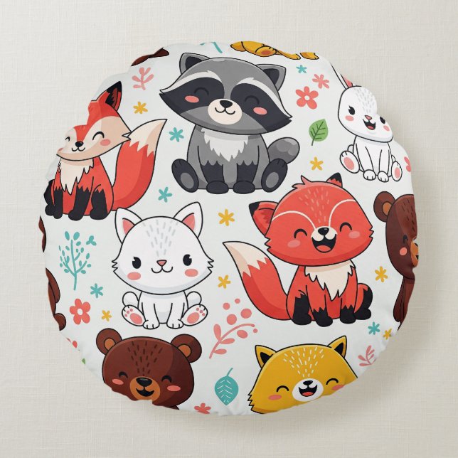 Woodland Animals Seamless  Round Pillow (Front)