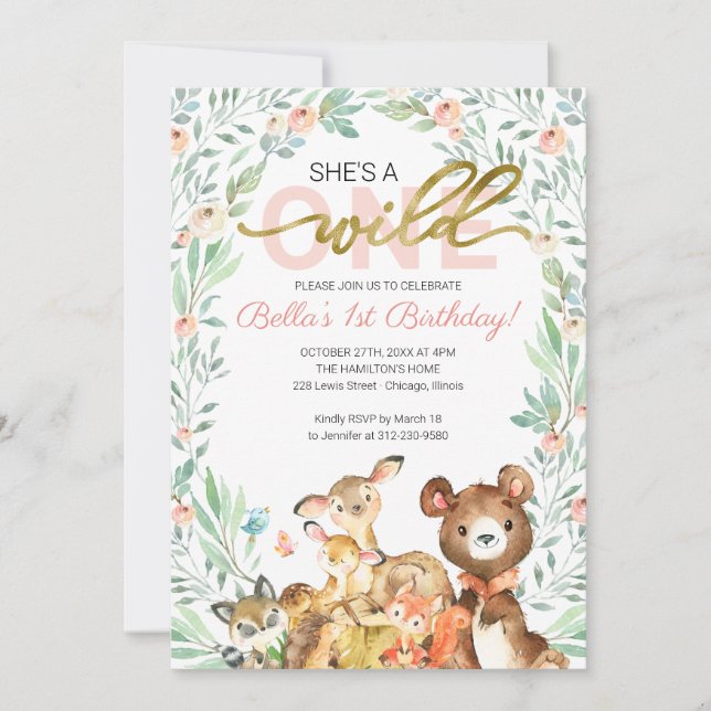 Woodland Animals She's A Wild One First Birthday Invitation (Front)
