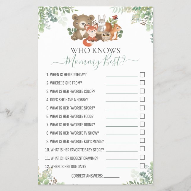 Woodland animals Shower How well do you know game  Flyer (Front)