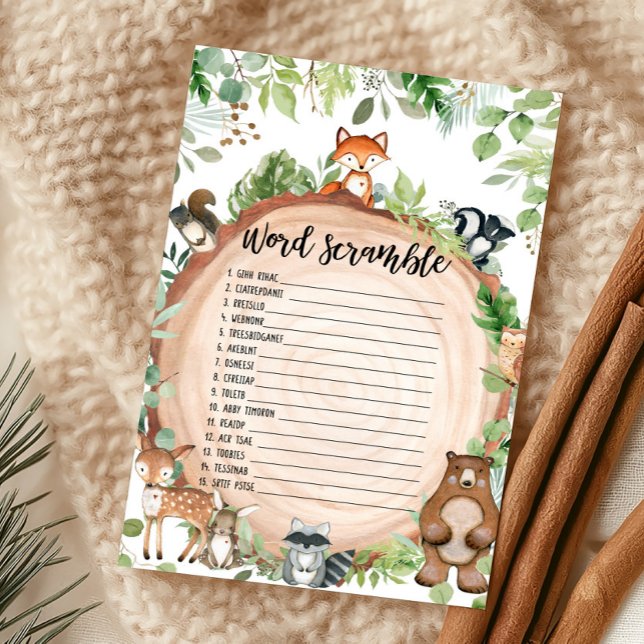 Woodland Animals Shower Word Scramble Game (Wood Slice Woodland Baby Shower Word Scramble Game)
