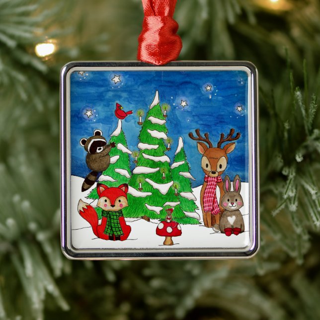 Woodland Animals Silent Night Metal Ornament (Tree)