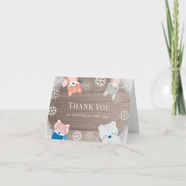 Woodland Animals Snowflakes Rustic Baby Shower Thank You Card (Front)