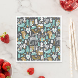 Woodland Animals Snowflakes Scandinavian Christmas Napkin