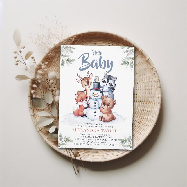 Woodland Animals Snowman Character Boy Baby Shower Invitation (winter baby shower invitation boy woodland snowman cute characters watercolor illustration modern)