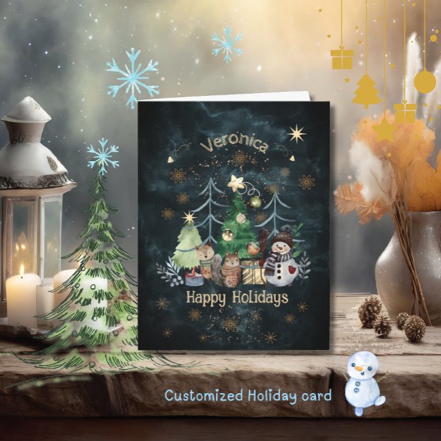 Woodland Animals Snowman Christmas Teal blue Card (Woodland Animals Snowman Christmas Teal blue Card)