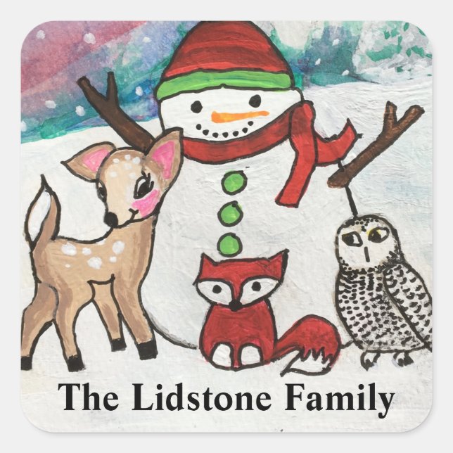 Woodland Animals Snowman Family Name Square Sticker (Front)