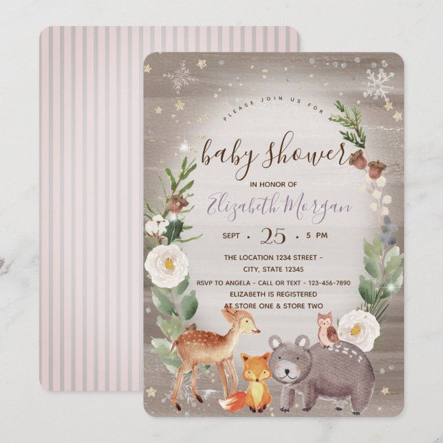 Woodland Animals Striped Baby Shower Invitation (Front/Back)