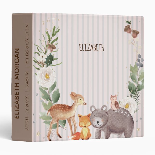 Woodland Animals Stripes  Personalized Newborn Binder (Front/Spine)