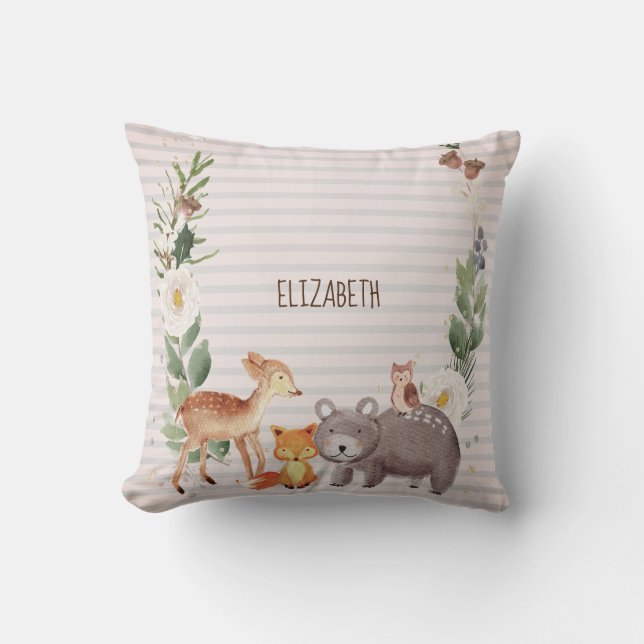 Woodland Animals Stripes   Throw Pillow (Front)