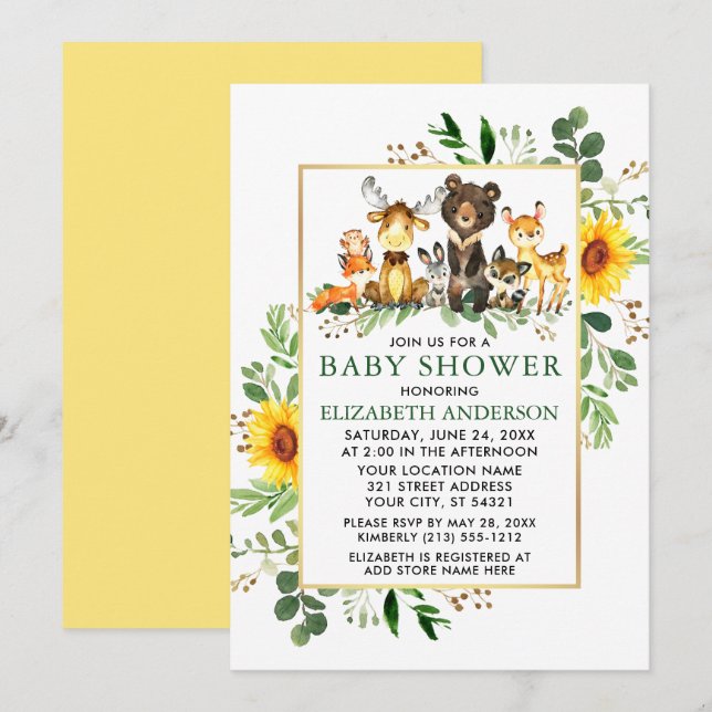 Woodland Animals Sunflowers Baby Shower Invitation (Front/Back)