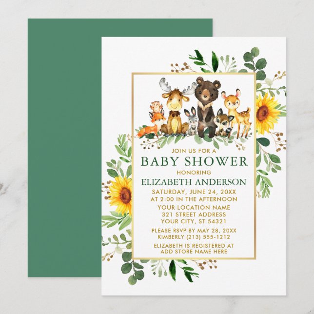 Woodland Animals Sunflowers Green Gold Baby Shower Invitation (Front/Back)