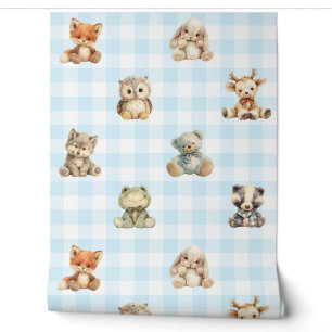 Woodland Animals Toys Blue Plaid Baby Boy Nursery Wallpaper