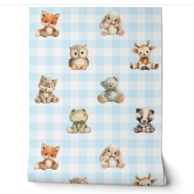 Woodland Animals Toys Blue Plaid Baby Boy Nursery Wallpaper (Unrolling)