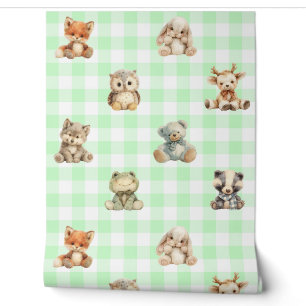Woodland Animals Toys Green Plaid Baby Nursery Wallpaper