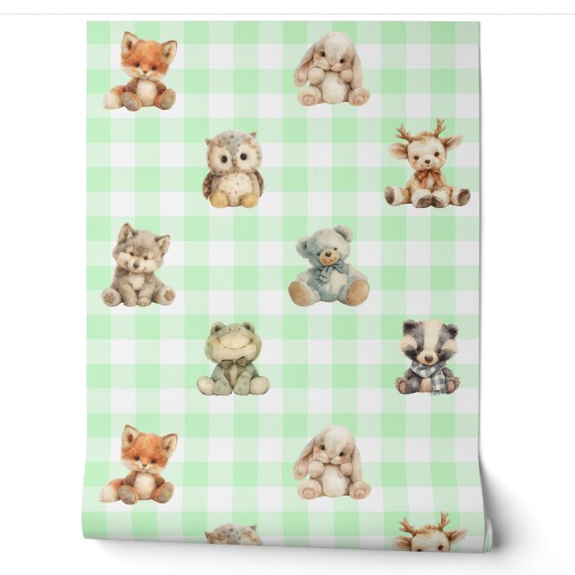 Woodland Animals Toys Green Plaid Baby Nursery Wallpaper (Unrolling)