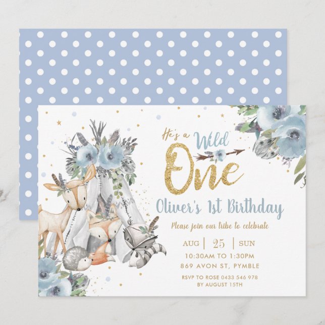 Woodland Animals Tribal Blue Wild One 1st Birthday Invitation (Front/Back)