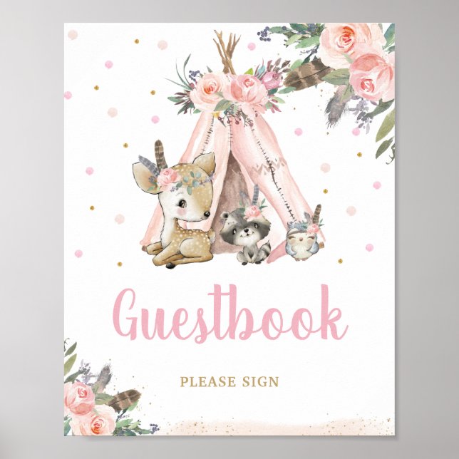 Woodland Animals Tribal Boho Floral Guestbook Sign (Front)