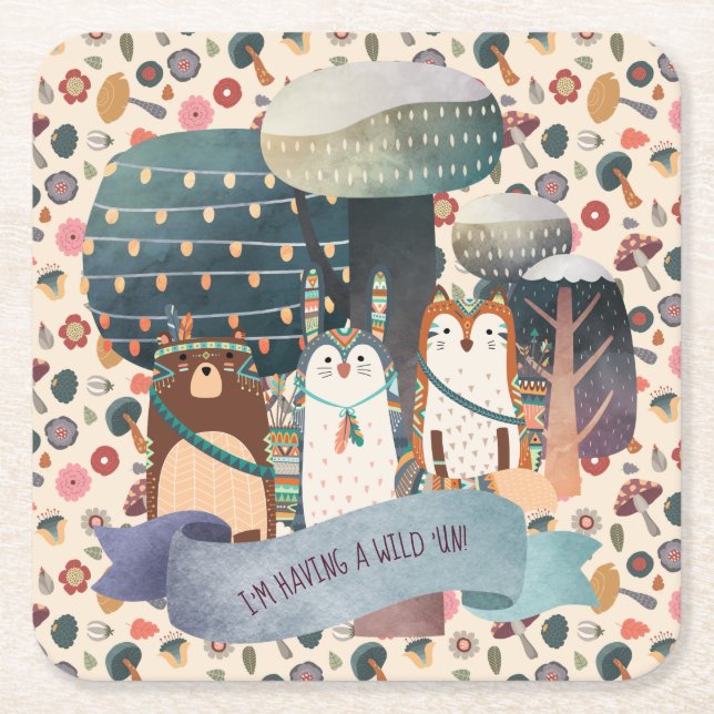 Woodland Animals - Tribal Wild One Customizable Square Paper Coaster (Front)
