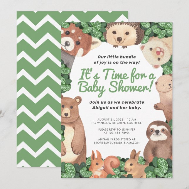 Woodland Animals (/w bear and sloth) Baby Shower Invitation (Front/Back)