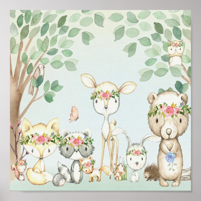 Woodland Animals Wall Art Poster Baby Nursery Boho (Front)