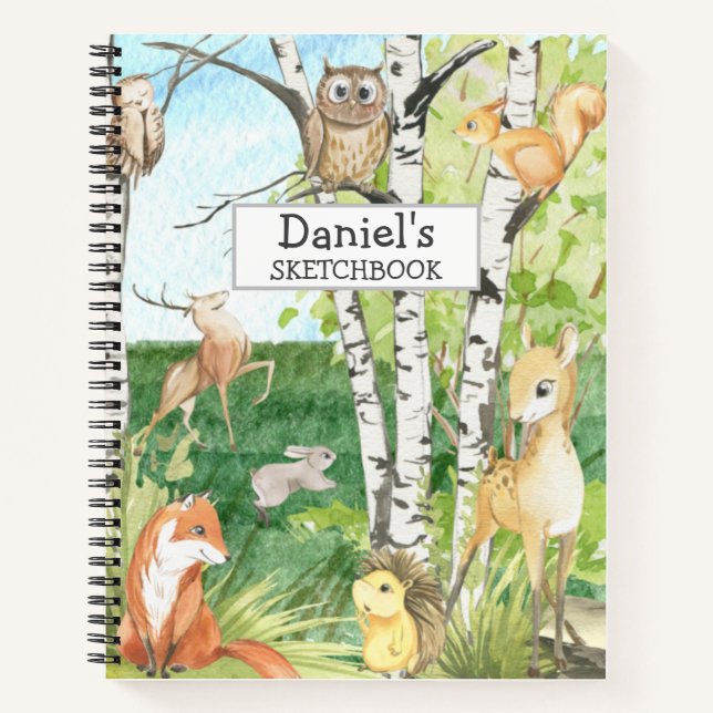 Woodland Animals Watercolor Custom Name Sketchbook Notebook (Front)